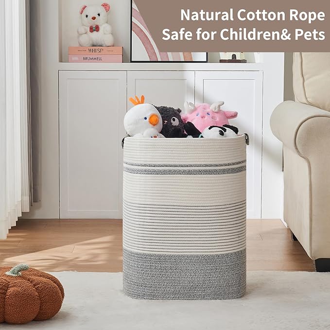 Laundry Basket with Handles - Blanket Basket & Hampers for Bedroom Aesthetic, Laundry Hamper & Blanket Storage for Living Room, Clothes Hamper, Tall, Large 17" x 14" x 22”, Grey & White