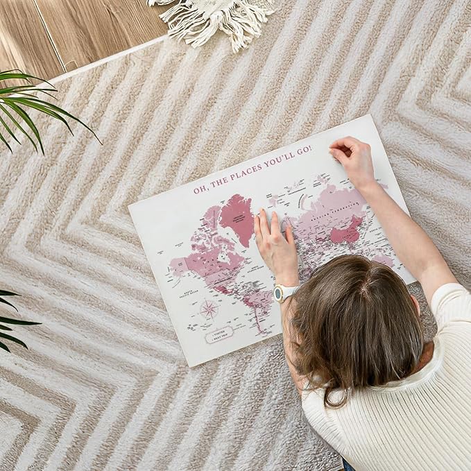 ElephantStock - Places You'll Go Push Pin World Map Wall Art - Horizontal Canvas Wall Art - Living Room Wall Decor - Digital Art Map Canvas Art - White And Pink Decor - 24" x 16"