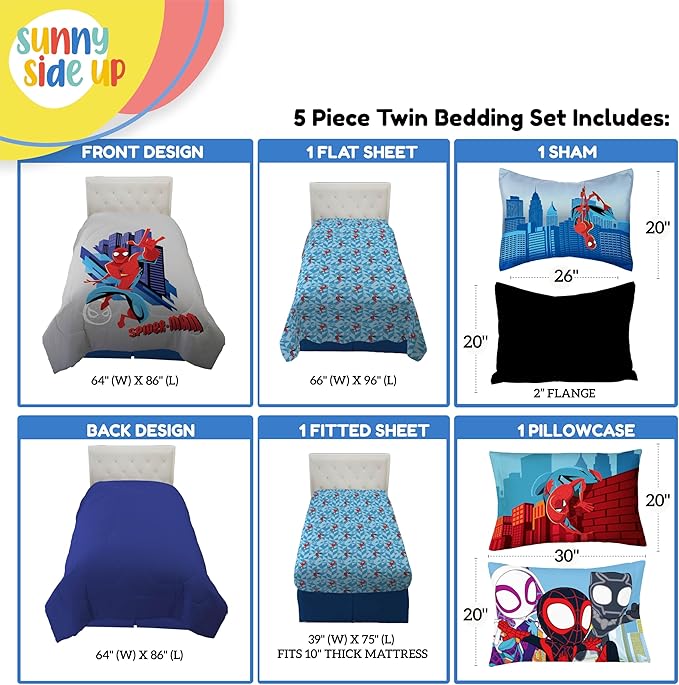 Sunny Side Up Kids Comforter Set Includes Sheets and Pillow Covers - Soft and Cozy Bed Set for Stylish Room Decor, Gray - Spiderman, 5 Piece Twin Bedding