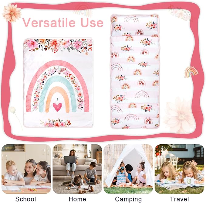Toddler Nap Mat with Removable Pillow and Soft Dot Minky Blanket Pea Pod Kids Rainbow Floral Napping Mats Extra Large Rolled Slumber Bags for Girls Preschool, Daycare, 22.9 x 51.2inches Ages 3-7 Years