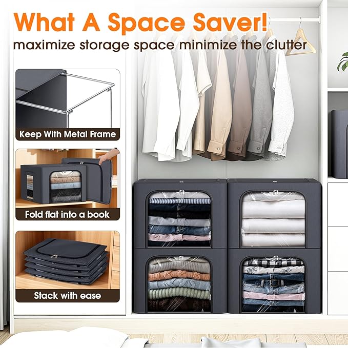 3 Pack Clothes Storage Bins with Metal Frame,40L Storage Bags Fabric Box Organizer with Clear Window,Zippers,Sturdy Handles(3 Pcs,Light Grey,40L)