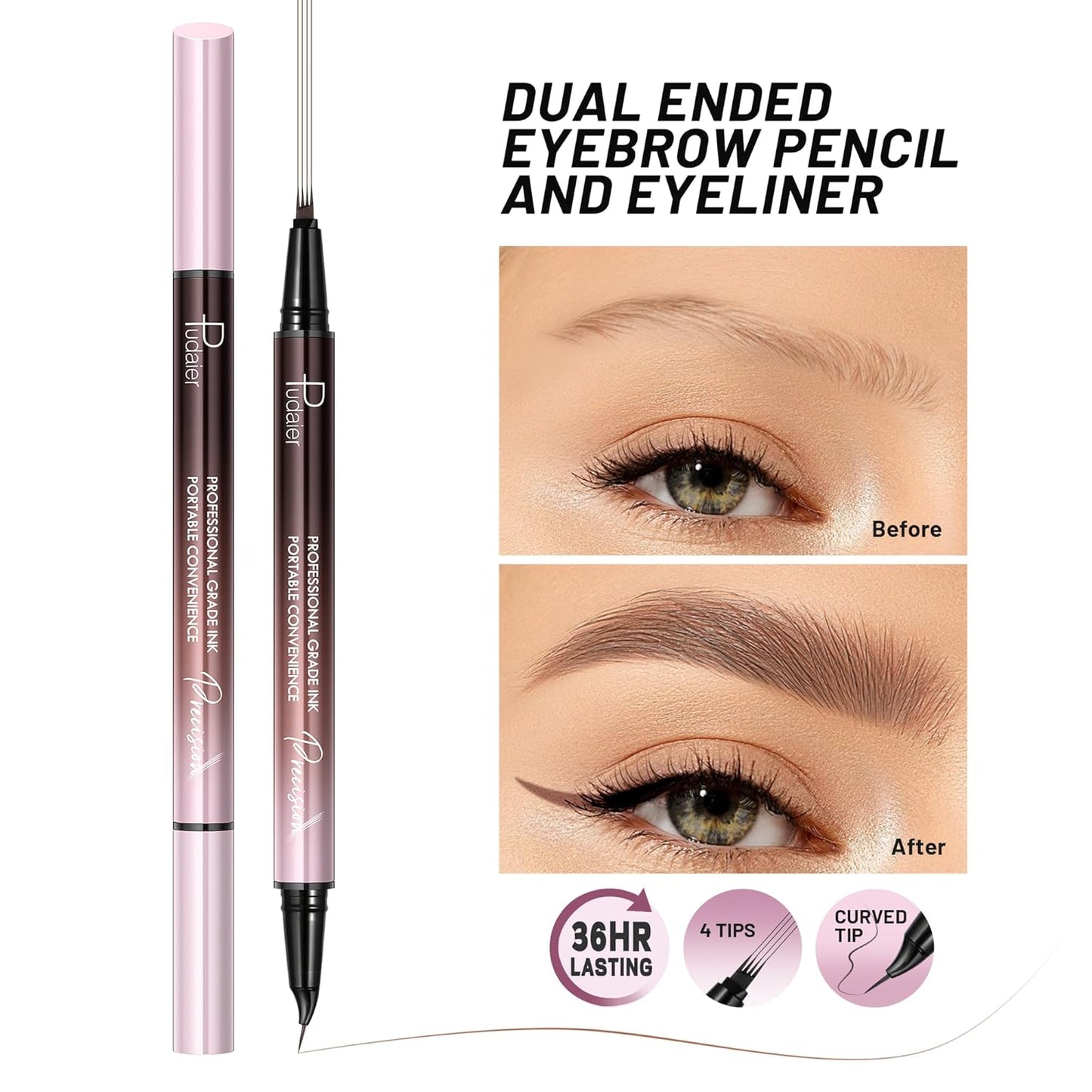 Eyebrow Pen, Waterproof Microblading Eyebrow Pencil, 2-in-1 Dual-Ended 4 Tip Eye Brow Makeup Pen for Women with Precise Curved Brush-Tip Create Natural Hair-Like Brows, Last All-Day (Natural Brown)