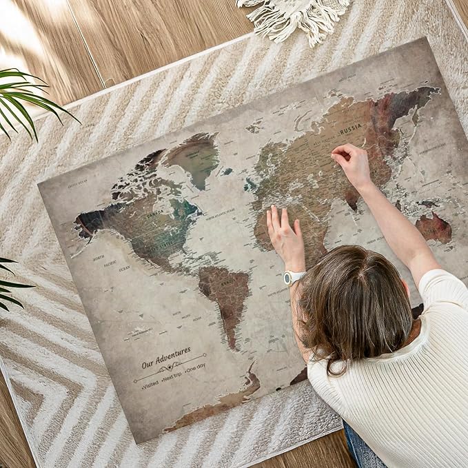 ElephantStock - Our Adventures World Map With Push Pin Iii Wall Art - Horizontal Canvas Wall Art - Living Room Wall Decor - Printmaking Map Canvas Art - Beige And Brown Decor - 45" x 30"