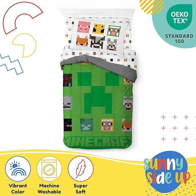 Sunny Side Up Minecraft Twin Comforter Set - 5 Piece Kids Bedding Includes Comforter, Sheets & Pillow Cover - Super Soft Gamer Microfiber Bed Set