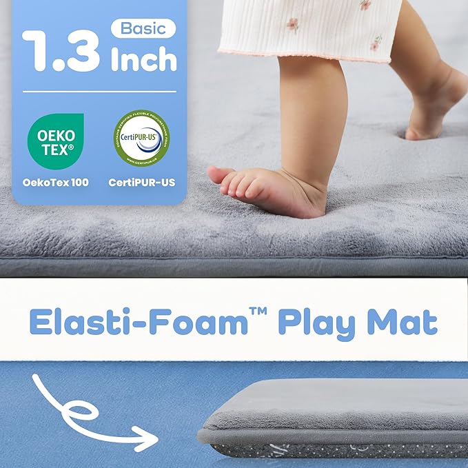 1.3" Thick Baby Floor Play Mat 50x50, Basic Padded Foam Mat for Tummy Time Crawling, Non Slip Cushioned for Babies Toddlers Infants Kids (Light Grey)