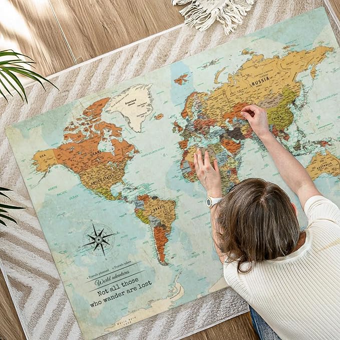 ElephantStock - Personalized Wanderer Push Pin World Map Wall Art - Horizontal Canvas Wall Art - Living Room Wall Decor - Digital Art Map Canvas Art - Orange And Blue Decor - 51" x 34"