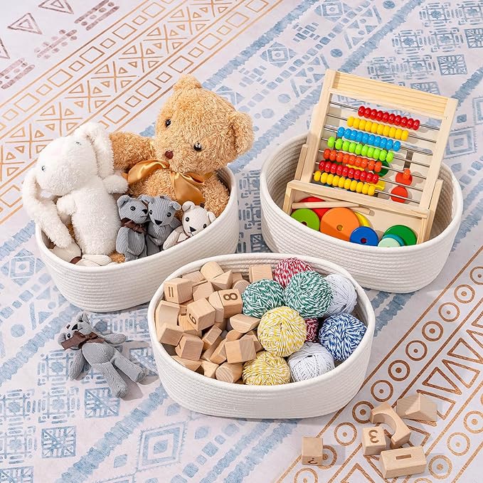 CubesLand Off White Small Storage Baskets for Shelves, Closet Organization Storage Bins Empty Gift Basket Baby Nursery Woven Baskets for Organizing, Rectangular Clothes Closet Shelves Baskets 3 Packs