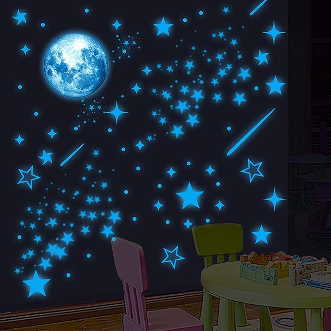 Glow in The Dark Stars for Ceiling, Starry Sky Stars and Moon Wall Decals, Space Solar System Galaxy Planets Wall Decors, for Kids Nursery Bedroom Living Room, Birthday Party Christmas