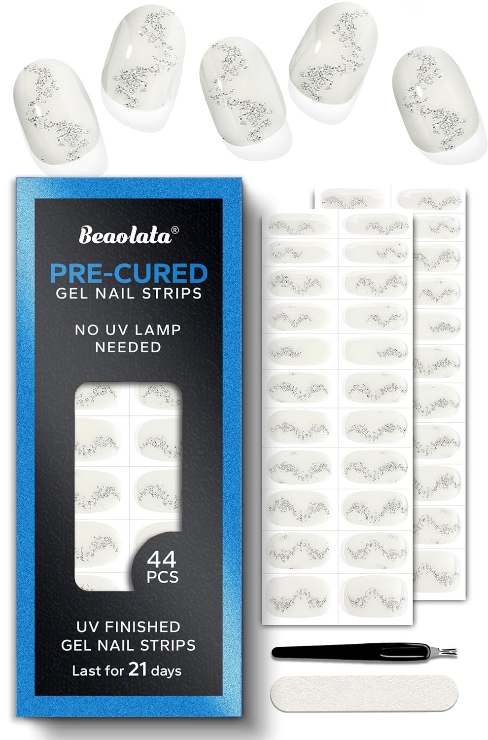 Pre Cured Gel Nail Strips - 44PCS Salon Quality Gel Nail Stickers - Long Lasting Polish Wraps for Women no UV Light Needed Easy Apply& Remove (Midnight White)