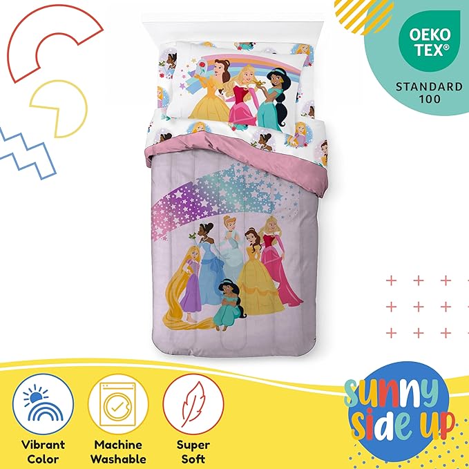 Sunny Side Up Disney Princess Twin Comforter Set - 5 Piece Kids Bedding Includes Comforter, Sheets & Pillow Cover - Super Soft Rainbow Stars Microfiber Bed Set