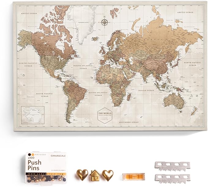 Canvas World Map with Cork Pin Board - English Lettering - Decorative Wall Decoration for All Rooms - Canvas Pictures with World Map Motif (70x50 cm, Pattern 16)