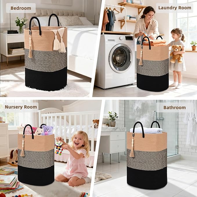 Woven Laundry Basket for Clothes, 80 L Large Rectangle Laundry Hampers with Beads Tassel, Nursery Storage Basket for Toys, Tall Dirty Clothes Hamper for Bedroom Aesthetic, Laundry Room Organization