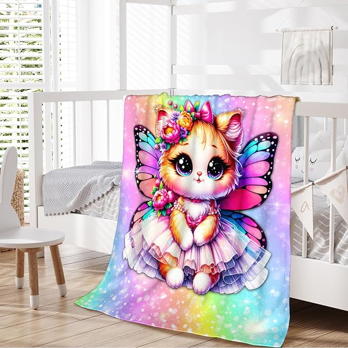Cat Blanket for Girls, Throw for Kids Teens Adults Cat Lovers 60x80 Inches Soft Cozy Rainbow Print Throw Blankets for Sofa Couch Bed Travel Daughter Birthday Gift