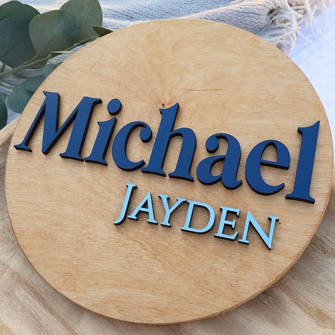Custom Round Nusery Name Sign, Personalized 3D Baby Name Announcement Sign, Personalized Wooden Wall Plaque, 3D Wall Art for Children & Kids Rooms, Family Name Signs, 30 Colors (Design 9)