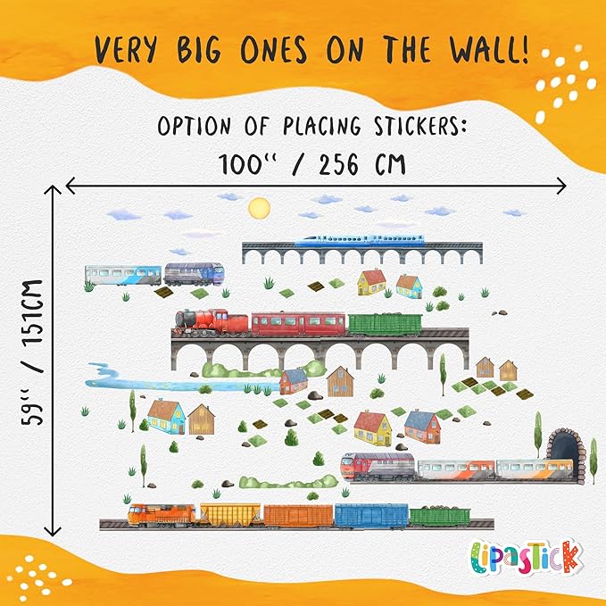 Train Wall Decals for Kids by Lipastick - Educational Railroad Wall Stickers for Boys and Girls - Peel and Stick Locomotive, Carriage, Wagon Wall Decals for Nursery, Playroom, Bedroom Decor -L Size