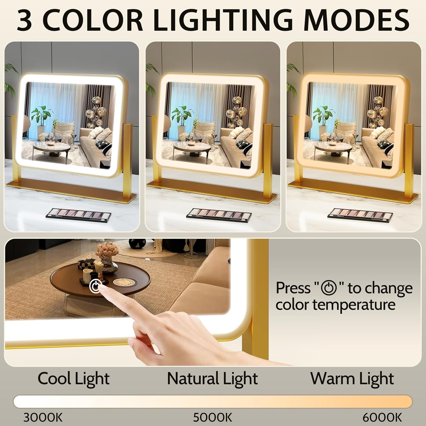 Gold Lighted Makeup Mirror, 14"x12" Vanity Mirror with Smart Touch Control, 3-Color Dimmable Lighting, 360° Rotation for Desk or Bedroom