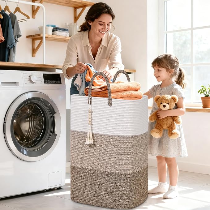 Woven Laundry Basket for Clothes,65 L Large Rectangle Laundry Hampers with Beads Tassel, Nursery Storage Basket for Toys, Tall Dirty Clothes Hamper for Bedroom Aesthetic, Laundry Room Organization