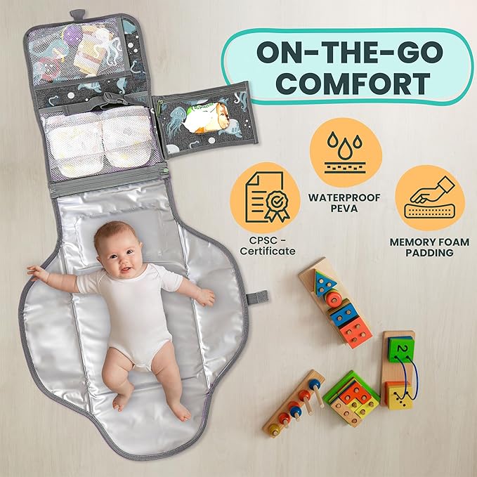 Portable Changing Pad for Baby, Travel Diaper Changing Pad for Newborn, Large Waterproof Baby Changing Mat, Foldable & Detachable Diaper Changing Station with Baby Wipes Pockets, Baby Stuff by Pillani