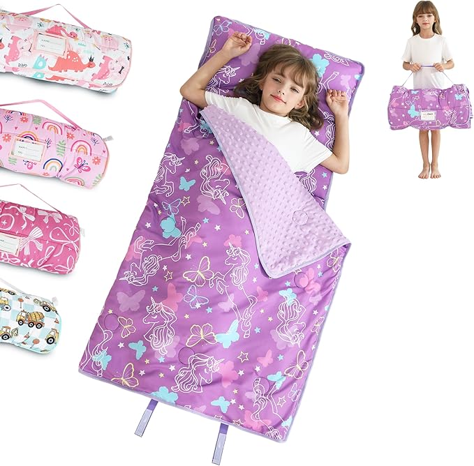 Toddler Nap Mat for Preschool 50''x30'' Sleeping Mat with Removable Pillow and Minky Blanket for Kids Ages 3-7 Roll Up Soft Sleeping Bag for Boys Girls Kindergarten Daycare Sleepover