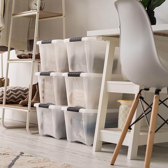 IRIS USA 19 Qt Stackable Plastic Storage Bins with Lids, 6 Pack - BPA-Free, Made in USA - Discreet Organizing Solution, Latches, Durable Nestable Containers, Secure Pull Handle - Pearl