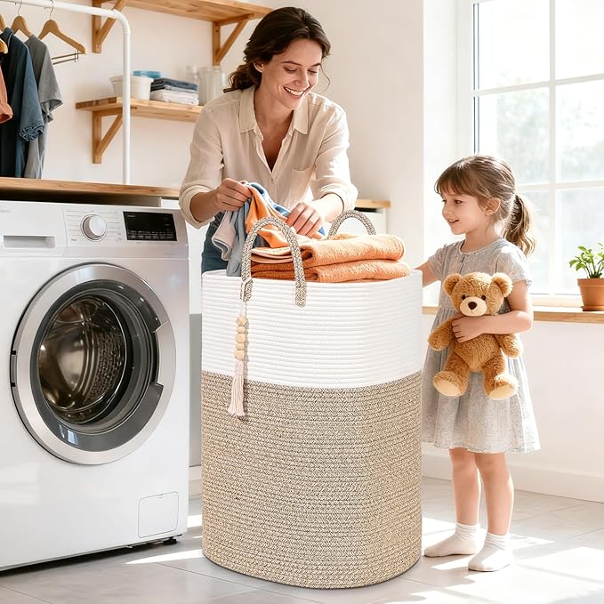 Woven Laundry Basket for Clothes, 100L Large Rectangle Laundry Hampers with Beads Tassel, Nursery Storage Basket for Toys, Tall Dirty Clothes Hamper for Bedroom Aesthetic, Laundry Room Organization