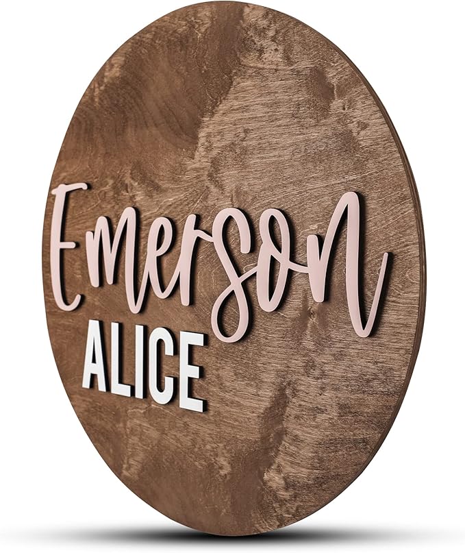 Custom Round Nursery Name Sign, Personalized Wooden Wall Plaque, 12" 18" 24", 30" 3D Wall Art for Children & Kids Rooms, Baby Shower, Hickory Hollow Designs (Emerson Alice)