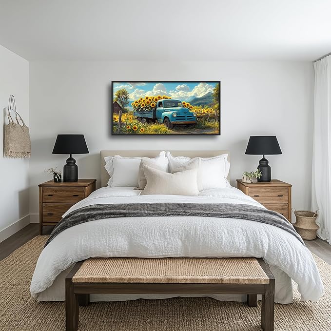 Olivine Large Wall Art, Sunflower Pictures Wall Decor, Farmhouse Sunflower Painting, Sunflowers Truck Canvas Prints, Framed Artwork for Living Room Bedroom Bathroom Office Home Decoration 60"x30"