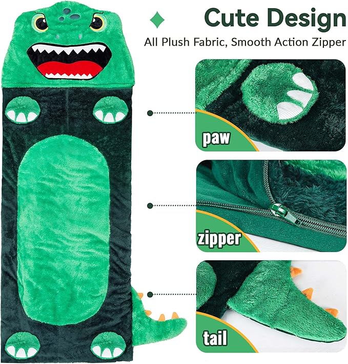 iPlay, iLearn Kids Dinosaur Sleeping Bag, Toddler Boys Dinos Nap Mat, Plush Animal Slumber Bag, 2 In 1 Daycare Preschool Kindergarten Birthday Gift Travel Sleepover for 3 4 5 6 7 8 10 12 Yr Child Teen