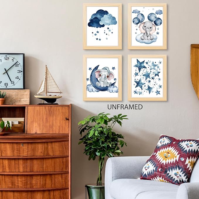 PUHEI Elephant Nursery Wall Art Prints Set of 4, Moon and Stars Nursery Wall Posters Decor for Boys Girls Room, Elephant Baby Gifts for Boys Twins Poster Prints (8x10 Inches UNFRAMED)
