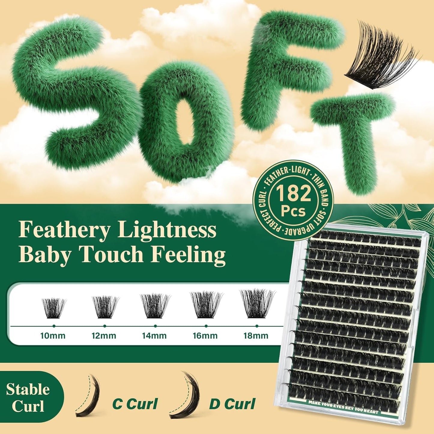 KEYYOU Lash Clusters Kit 182pcs Thick Volume Lash clusters 200D D Curl Wispy Easy to Apply with Lash Bond and Seal Lash Applicator Lash Remover Lash Extension Kit at Home(RMkit-200D-D-10-18mix)