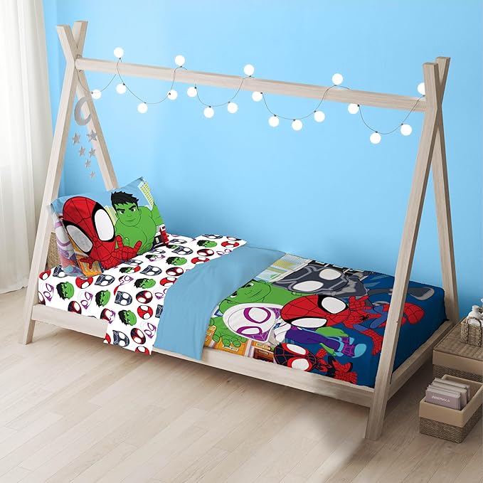 Sunny Side Up Marvel Spidey & His Amazing Friends Toddler Comforter Set - 4 Piece Preschool Bedding Includes Comforter, Sheets & Pillow Cover – Super Soft Superheroes Microfiber Bed Set