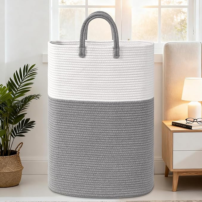 Woven Laundry Basket for Clothes, 100L Large Rectangle Laundry Hampers with Beads Tassel, Nursery Storage Basket for Toys, Tall Dirty Clothes Hamper for Bedroom Aesthetic, Laundry Room Organization
