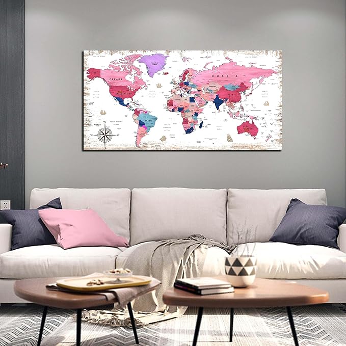 ZHAOSHOP Pink Pictures Wall-Decor - World Map Canvas Wall Art For Bedroom Girls - Wall Pictures For Living Room Decor Ready to Hang Size 40" x 20"