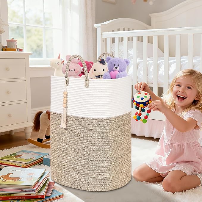 65L Woven Laundry Basket for Clothes, Large Rectangle Laundry Hampers with Beads Tassel, Nursery Storage Basket for Toys, Tall Dirty Clothes Hamper for Bedroom Aesthetic, Laundry Room Organization