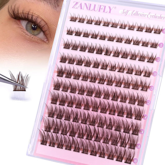 Self Adhesive Eyelashes Brown Self Adhesive Lash Clusters Natural No Glue Lashes Dark Brown Eyelash Extensions Pre-glued Eyelash Clusters Wispy Press on Individual Lashes 8-16mm by ZANLUFLY