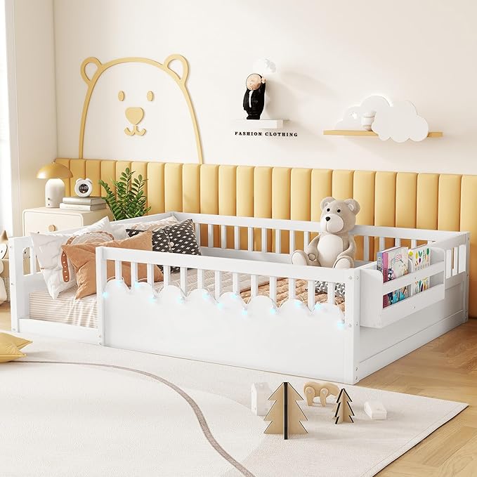 Full Size Floor Bed for Kids, Wood Montessori Floor Bed Full with High Rails & Storage Shelf, Baby Floor Beds with LED Light for Boys & Girls, White