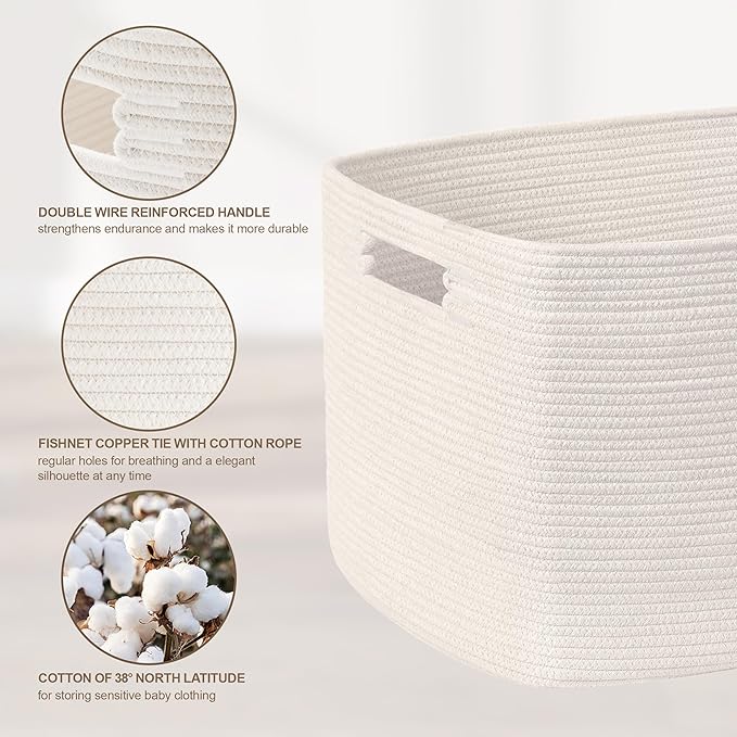 86L Large Baby Girls Laundry Basket for Nursery Storage,Cute Woven cotton Rope Baskets for Kids Toy，Gifts, Boho Square Wicker Blanket hamper for Living Room,Bedroom Dirty Clothes, White