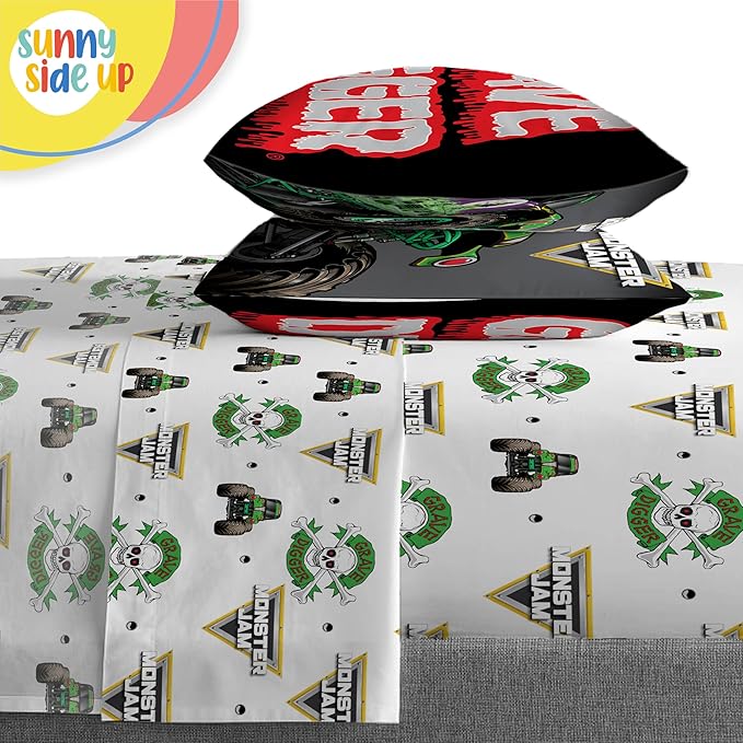 Sunny Side Up Monster Jam Full Comforter Set - 7 Piece Kids Bedding Includes Comforter, Sheets & Pillow Cover - Super Soft Trucks Microfiber Bed Set