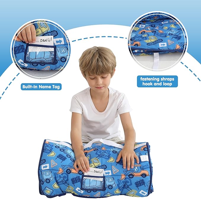Viviland Toddler Kid Nap Mat for Preschool, Boys Blue Car Slumber Bag, Daycare Sleeping Bag with Pillow and Blanket, Kindergarten Sleep Mat