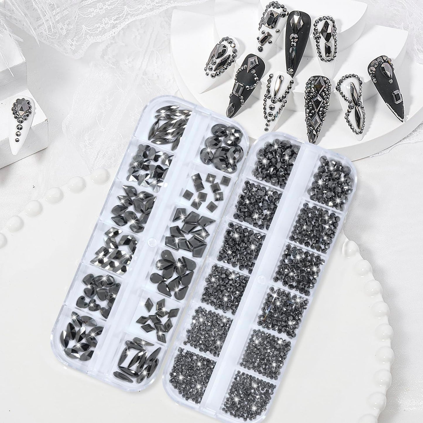 Nail Rhinestones - 3D Multi Shape Size, Flat Back, Crystals Manicure Rhinestones Charms, Mineral Gray Nail Gems, with Kit, for Nail Art, Bedazzling Acrylic Nails, DIY Decor