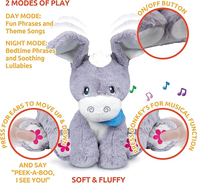 KiddoLab Peek-A-Boo Donkey: Soft Stuffed Animal Toy for Infants 6-18 Months with Moving Ears, Songs, Tunes & Lullabies