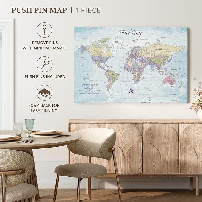 ElephantStock - Push Pin Travel Map World I Wall Art - Horizontal Canvas Wall Art - Living Room Wall Decor - Printmaking Map Canvas Art - Blue And Beige Decor - 45" x 30"