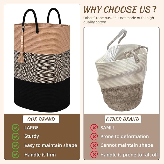 Woven Laundry Basket for Clothes, 50 L Large Rectangle Laundry Hampers with Beads Tassel, Nursery Storage Basket for Toys, Tall Dirty Clothes Hamper for Bedroom Aesthetic, Laundry Room Organization