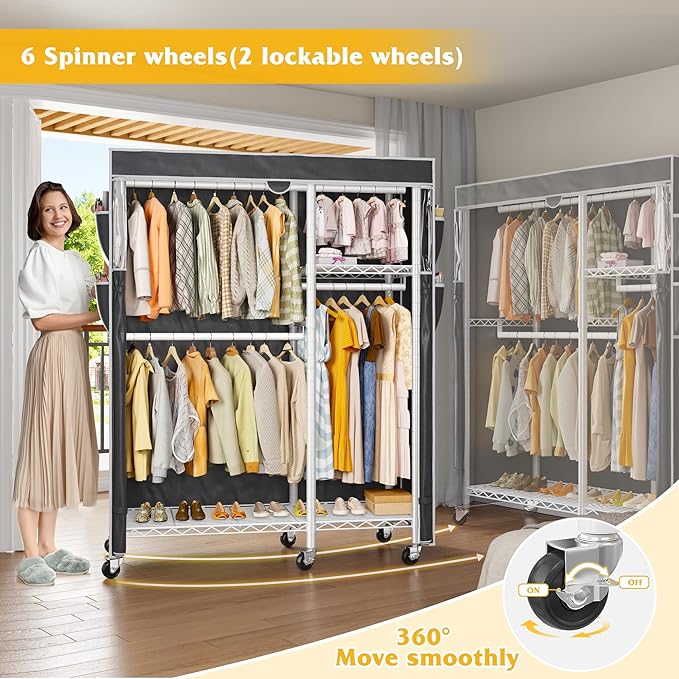 Raybee Clothes Rack with Cover Clothing Racks for Hanging Clothes Heavy Duty Portable Closet with Wheels，Rolling Garment Rack for Bedroom,White