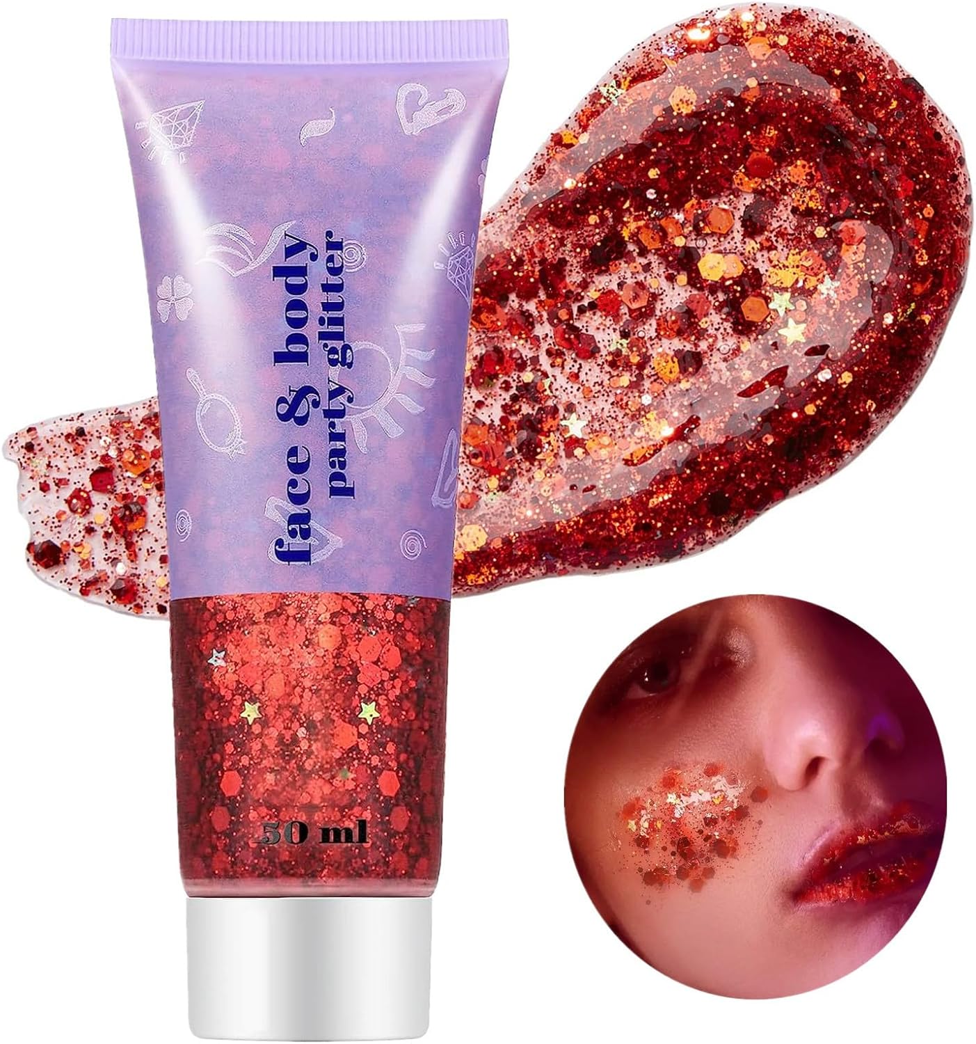 Go Ho Red Face Body Glitter,Singer Concerts Red Face Paint Glitter Makeup,Holographic Chunky Sequins Glitters for Eye Lip Hair Nails,Festival Rave Accessories,52g