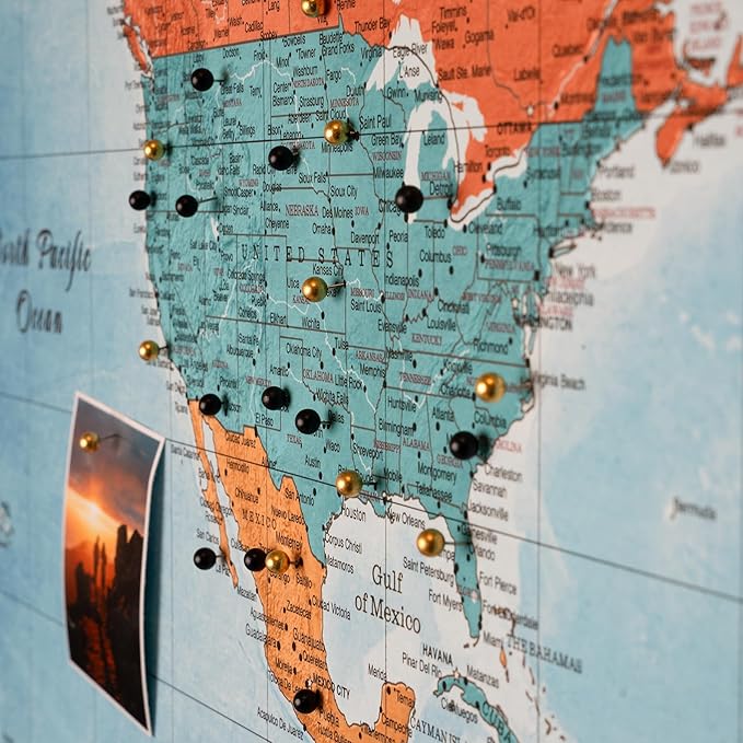 Canvas World Map with Cork Pin Board - English Lettering - Decorative Wall Decoration for All Rooms - Canvas Pictures with World Map Motif (70x50 cm, Pattern 21)