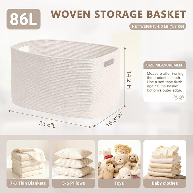 86L Large Baby Girls Laundry Basket for Nursery Storage,Cute Woven cotton Rope Baskets for Kids Toy，Gifts, Boho Square Wicker Blanket hamper for Living Room,Bedroom Dirty Clothes, White