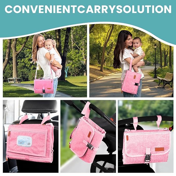 UBRAVOO Portable Diaper Changing Pad - Baby Diaper Changer Travel Bag with Wipes Pocket, Smart Design Portable Changing Mat, Infant Travel Station Kit, Gift for Newborn Girl & Boy (Pink)