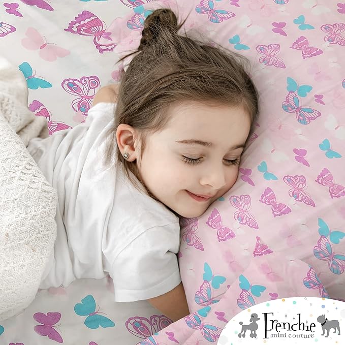 Frenchie Mini Couture, 3-Piece Kids Twin Sheets Bedding Set, 100% Woven Cotton, Includes Deep Pocket Bed Sheet (39 x 75 x 15in) + Flat Sheet (66 x 96in) + Pillowcase (20 x 30in) Butterfly