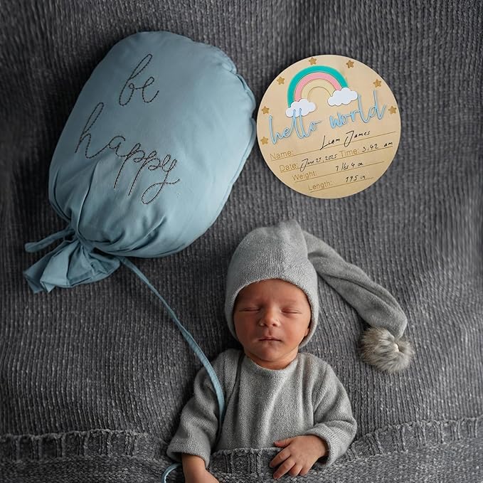 Baby Announcement Sign - 5.9” Round Wooden Hello World Newborn Sign with 3D Rainbow & Cloud - Keepsake Birth Gift for Baby Boy’s First Day, Hospital, Shower, or Nursery Décor (Blue)